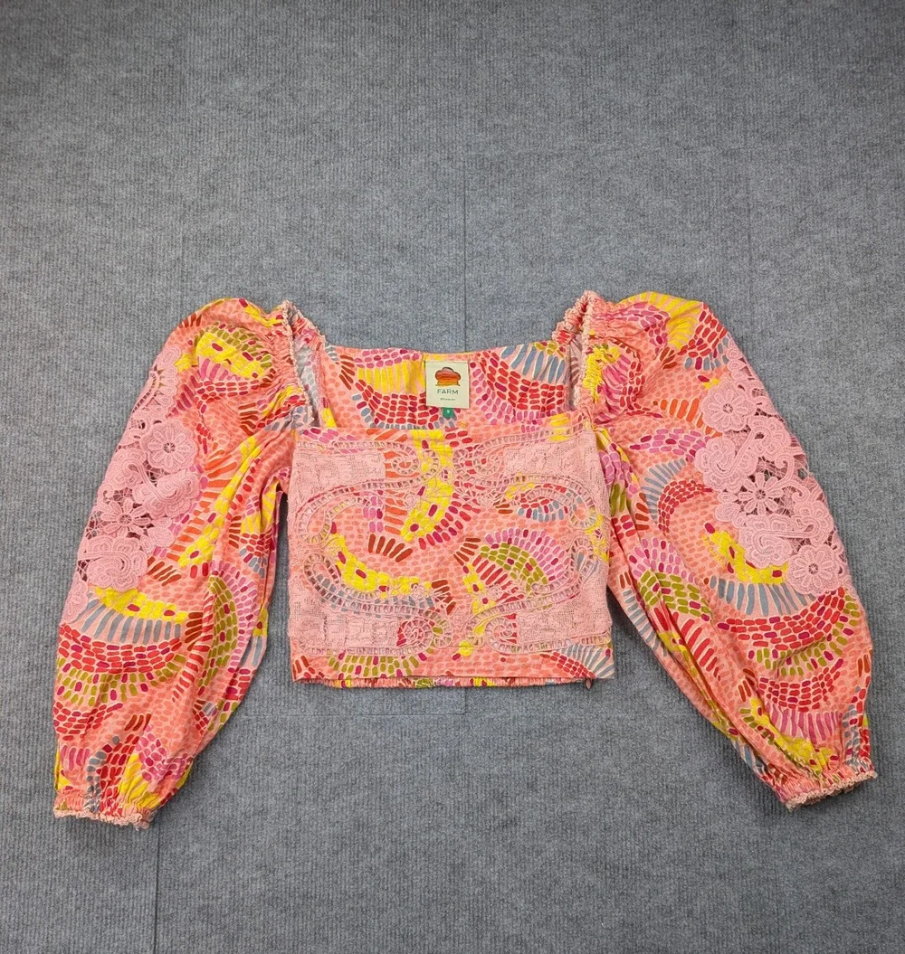 Farm Rio Dotted Bananas Blouse Womens Small Coastal Resort Boho Embroidered Lace